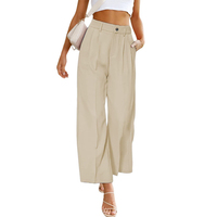 Pantalon large plissé taille haute pour femme, couleur unie, coupe décontractée, longueur cheville, avec poches et braguette boutonnée en coton, idéal pour l'été