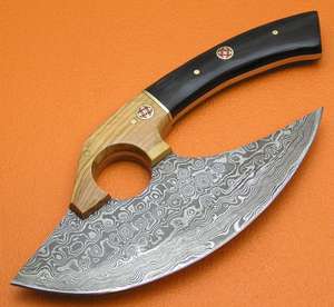 Cortador de pizza Ulu profesional personalizado al por mayor cuchillos de cocina hechos a mano hoja de acero damasco cuerno madera de olivo industrial - Product Image 2