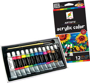ชุดสีอะคริลิค12มล. พร้อมแปรงทาสีศิลปะบนผ้าใบแก้วกระดาษพลาสติกขนาดกลาง12มล. x 12เซ็ต - Product Image 1