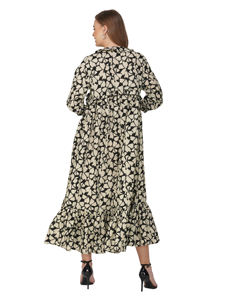 Sati Factory femmes été Maxi robe à manches longues col en v naturel à plusieurs niveaux Flare Design noir gris Paisley motif imprimé fleuri - Product Image 2
