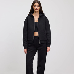 Ensemble sweat à capuche zippé décontracté et jogging personnalisé de grande taille survêtement deux pièces à épaules tombantes noir pour femmes entraînement de gymnastique et vêtements de rue - Product Image 1