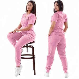 Combinaison de jogging multicolore Ensemble de gommages d'infirmière Vêtements cliniques médicaux Uniformes d'infirmières Manches courtes Col en V Tops Pocket Pants - Product Image 1