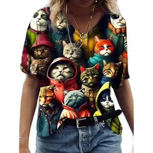 Women's 3d <b>Cats</b> Print T-Shirt Fashion Woman Blouses 2025 Funny V-Neck T Shirt Female Clothing Oversized Summer Tops Tees - Product Image 1