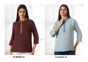 Algodón floral ligero de calidad de exportación para mujer-Rayon Kurti elegante étnico Indo-Western Top liso teñido para colecciones de verano - Product Image 4