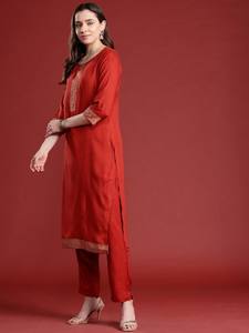 <b>women</b> ethnic Red solid polyester <b>Kurta</b> with Trousers & Dupatta indian pakistani salwar kameez suit - Product Image 2