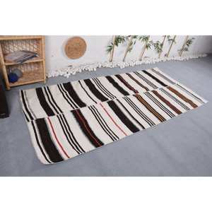 Alfombra turca Vintage moderna, blanca, negra, a rayas, clásica, 4x8,6 pies, diseño de retazos rectangulares, lana para entrada, látex de 10mm - Product Image 3