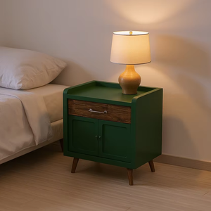Table de chevet de haute qualité en bois de teck véritable de couleur vert olive pour meubles de chambre à coucher, meubles de maison - Product Image 1