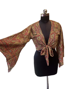 Blusa modesta de seda vintage India hecha a mano estilo bohemio hippie top de verano con mangas acampanadas y abrigo corto frontal beige - Product Image 3