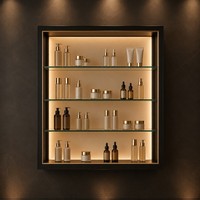 Vitrine cosmétique murale rétroéclairée en verre noir mat et or avec étagères en verre