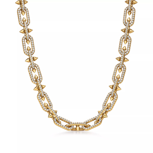 18K Gold Plated <b>Statement</b> <b>Necklace</b> With Cubic Zirconia Spike Link Chain Punk Style Unisex Hip Hop Jewelry - Product Image 1
