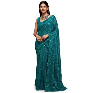 Trendmalls Sari décontracté non cousu pour le travail, en Georgette lourde à sequins, pièce de chemisier beige pour femme K951, style indien pakistanais pour mariage - Product Image 1