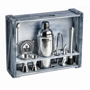 Juego de coctelera con soporte de madera, Kit de barandilla para el hogar, herramientas de barra de Metal, acabado en plata, 11 piezas - Product Image 1