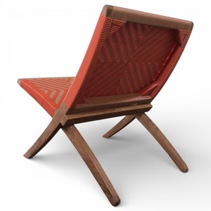 Custom Weather Resistant Hand-Woven Teak Wood Folding Lounge <b>Chair</b> Outdoor Portable <b>Deck</b> Geometric Orange Rope Weaving Pattern - Product Image 3