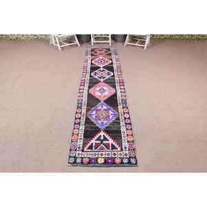 2.4x11.8 ft Turkish <b>Runner</b> Rug, Blue <b>Red</b> Vintage Abstract Wool Rug - Product Image 1