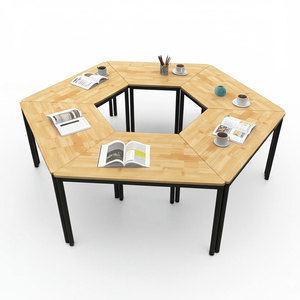 Juego de 6 Mesas Trapezoidales Modernas para Oficina OMA HBOM012, Fabricadas con Madera de Caucho y Patas de Hierro - Product Image 1