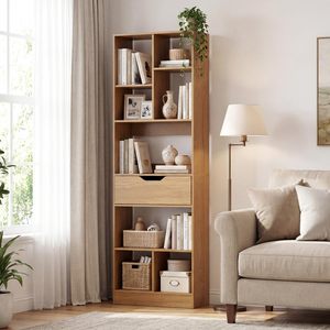Modern Narrow Tall Bookshelf with Drawer Wooden Bookcase Open Display <strong>Shelf</strong> Storage <strong>Unit</strong> for Small Spaces Living Room Corner - Product Image 1