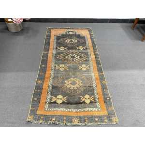 Vintage Small Rug 2.6x5.2 ft (80x160 cm), Turkish <b>Brown</b> Floral <b>Wool</b> Rug - Product Image 3