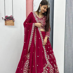 Luxe rouge couleur mariée mariage Lehenga Choli pour les femmes fête de fête porter des vêtements indiens complet Lehenga Choli avec Dupatta - Product Image 1