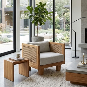 Our Modern Furniture Aswattha Visionary Solid Wood Woven Armchair Elegant Rattan Panel Lounge Sofa For Living Room Setup Art - Product Image 5