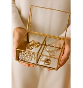 Glass Jewelry Box gold finished square shape reflects luxury, elegance, and timeless design - Product Image 1