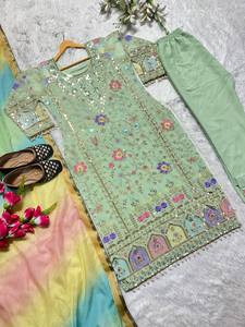 Traje tradicional de imitación Georgette Salwar Kameez de la mejor calidad, diseñador de bordado de lentejuelas, ropa lista para funciones de fiesta y boda - Product Image 5