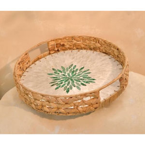 Bandeja de servicio ovalada de ratán Natural hecha a mano con patrón Floral con incrustaciones de perlas madre elegantes Catering decoración del hogar acento de cocina - Product Image 5