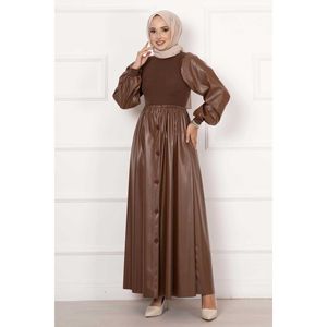 Vestido de cuero con botones delanteros Tan - Product Image 1