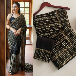 Qualité lourde 60 grammes Georgette Superbe couleur noire Rich Pallu Work 5.5 MTR Longue longueur Hot & Pretty Look Saree pré drapé - Product Image 3