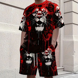 Ensemble deux pièces de sport décontracté d'été pour hommes T-shirt à manches courtes imprimé 3D animal personnalisé avec short de poche à cordon de serrage - Product Image 3