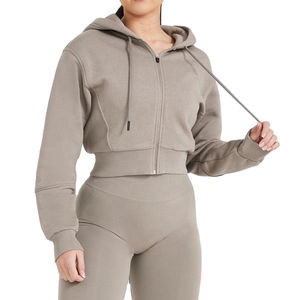 Women Crop <b>Top</b> Zipper Hoodie Street Wear Women <b>Long</b> <b>Sleeve</b> Cropped Zipper Hoodie <b>Brown</b> Dyed Terry Zipper Hoodies Cotton Made - Product Image 1