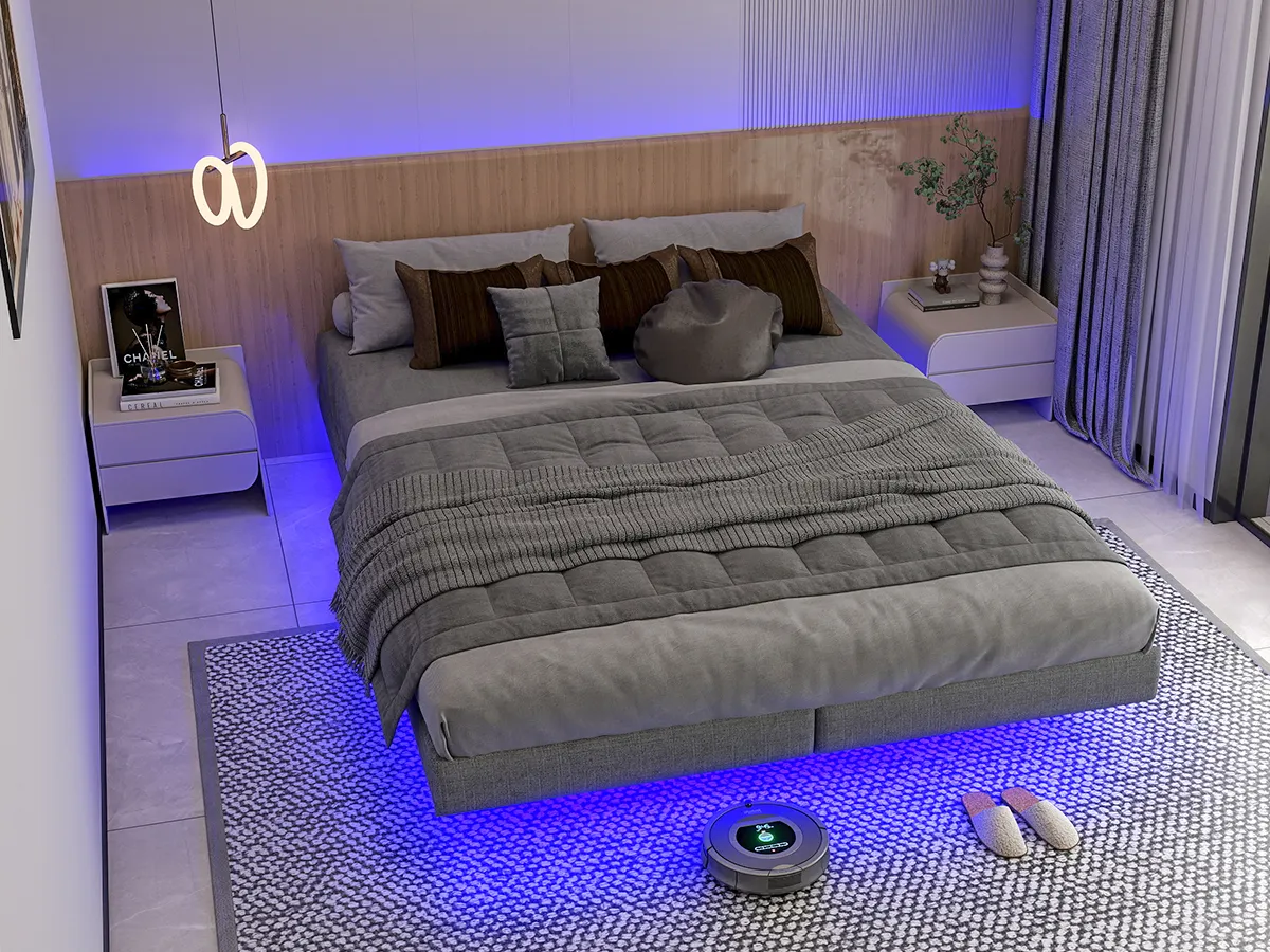 Moderno Full Size Full, Queen, King Bed frame in metallo vittoriano letto con RGB led C236-Q-FH di illuminazione