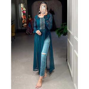 Kurti de fête en georgette brodée bleu sarcelle séduisant pour les tenues de club - Product Image 3