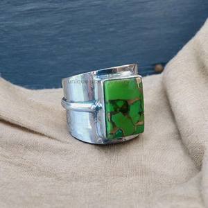 Meilleure vente bague d'anniversaire en argent sterling 925 nouveau design naturel vert cuivre turquoise diamant lunette de mariage bagues fines - Product Image 6