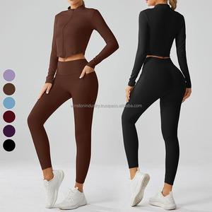2025 Hot Sale Women's Gym Fitness Two-Piece Yoga Set Solid Pattern Yoga <b>Legging</b> with Mid Waist Logo for Workout - Product Image 5