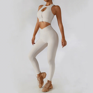 Femmes été 2 pièces sans manches Spandex matériel Yoga ensembles respirant séchage rapide couleur unie entraînement exercice taille élastique - Product Image 1