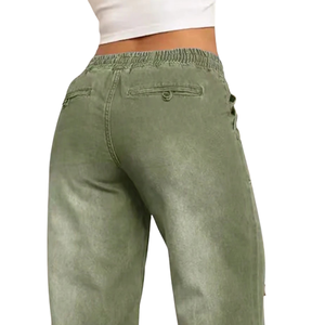 Jean en denim vert olive pour femme, coupe large, taille mi-haute, décontracté, vintage, délavé, jambe droite, 100 % coton, séchage rapide - Product Image 4