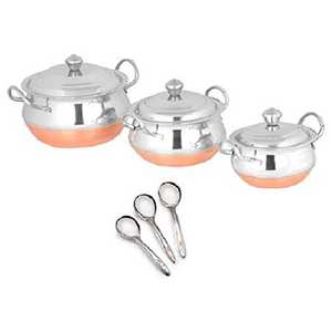 Juego de 3 piezas de acero inoxidable ecológico indio personalizado con base de cobre, tapa para cuenco y 3 cucharas gratis, estilo moderno clásico para fiestas - Product Image 1