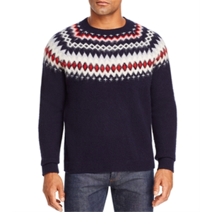 Pull en laine mérinos pour homme Bloomingdale's, motif Fair Isle, bleu tendance, avec logo imprimé, tricot fin pour le printemps et l'automne - Product Image 1