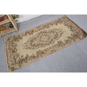 Alfombra turca Vintage 3,1X6 pies Beige clásico área grande felpa de lana con respaldo de látex patrón de retazos para decoración de habitación de pasillo - Product Image 2