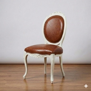 Chaise de mariage française en bois massif sculpté, fabriquée en Indonésie avec siège en cuir - Product Image 1