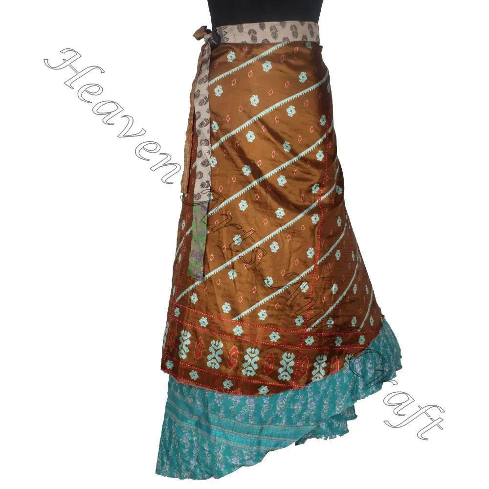 Hint kadın geri dönüşümlü Vintage ipek sihirli mini etek 2 katmanlı geri dönüşümlü sihirli ipek Saris Wrap uzun ipek etek toptan
