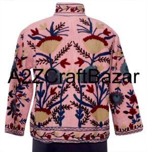 Women's Handmade Knitted Suzani Floral Embroidered Ruffles 100% Cotton Eco-Friendly Bomber Jacket Spring Winter Boho Indian - Product Image 5