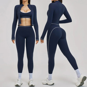 Custom Logo 3PCS <b>Yoga</b> Set Women Nylon Spandex Seamless High Waist Leggings Sports Bra <b>Jacket</b> Activewear Suit - Product Image 1