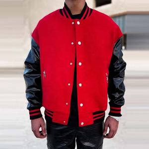 <b>Red</b> Wool Body Black Genuine <b>Leather</b> Sleeve Varsity <b>Jacket</b> <b>Men's</b> Breathable Collage Coats Winter Baseball Varsity <b>Jacket</b> <b>Men's</b> - Product Image 1