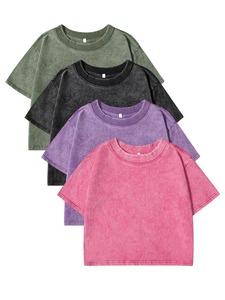 100% coton lavé haut court pour femmes ample col rond manches courtes t-shirts été décontracté Y2K rue Style Vintage - Product Image 3
