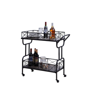 Black Powder Coat Finishd Bandeja de metal galvanizado antiguo de dos niveles Carro de barra Carro de servicio de almacenamiento con acabado dorado - Product Image 3