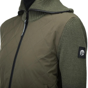 Veste en tricot hybride vert olive pour femmes, devant matelassé, fermeture éclair intégrale, col montant, manches extensibles, vêtements d'extérieur modernes pour l'hiver - Product Image 5