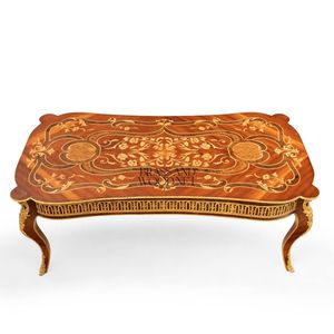 Mesa de Centro Rectangular de Lujo con Incrustaciones Florales de Madera y Detalles en Latón Dorado Antiguo para Salas de Estar Clásicas - Product Image 1