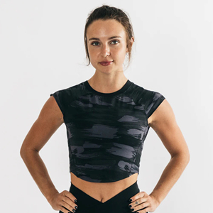 Rendimiento Fit 95% algodón 5% Spandex Cap mangas raglán en forma de Equipo de Mujer de lona negro camuflaje Scoop bajo cultivo T-Sh - Product Image 1