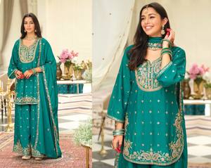 Últimas BeautifulHeavy Chinon Secuencia Bordado trabajo Kurti Palazzo Set para Mujeres Colección - Product Image 3